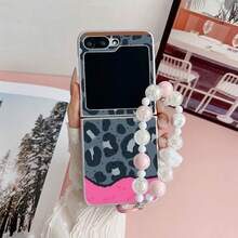 Gray-Black-Pink Leopard Print Edgy Chic Folding Phone Case With Chain, Suitable Compatible With Samsung Galaxy Z Flip3 5G/Galaxy Z Flip 4 5G/Galaxy Z Flip 5 5G/Galaxy Z Flip 6 5G/Galaxy Z Flip 7 5G, Personalized Folding Protective Cover - Multicolor - View 3