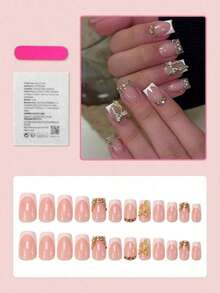 24pcs Rectangle Press-On Nails, White French Manicure With Rhinestone Decor, Elegant Full Coverage, Suitable For Women & Girls Summer Nails, Daily Wear, Nail Art Supplies - trắng - Xem 7