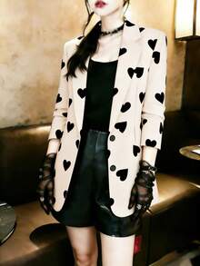 1pc Women's Elegant Heart Print Contrast Button Front Blazer Jacket, Suitable For Commuting, Office, Daily Wear, Spring/Summer Vacation - Apricot - View 6