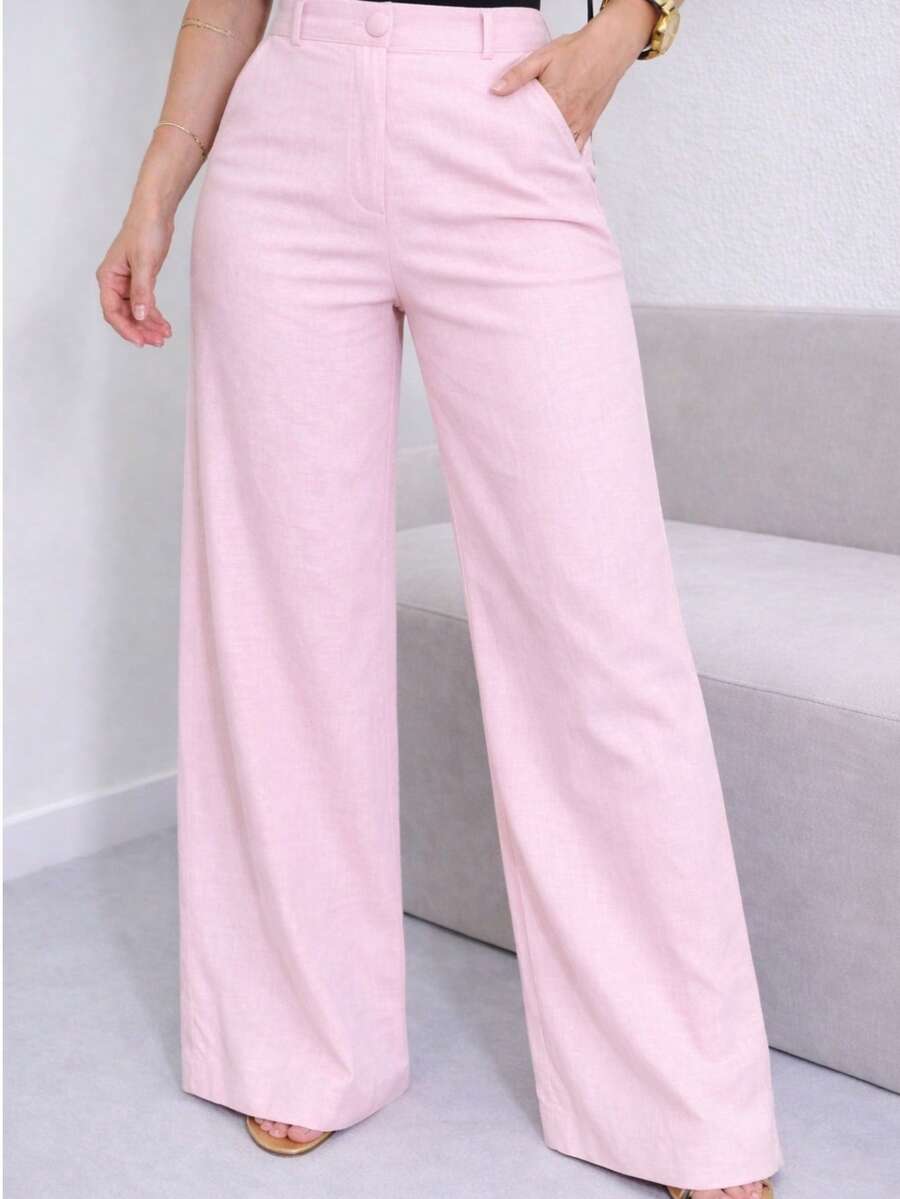 Women's High-Waisted Premium Linen Wide-Leg Pants - Elegant - Màu Hồng baby - Xem 1
