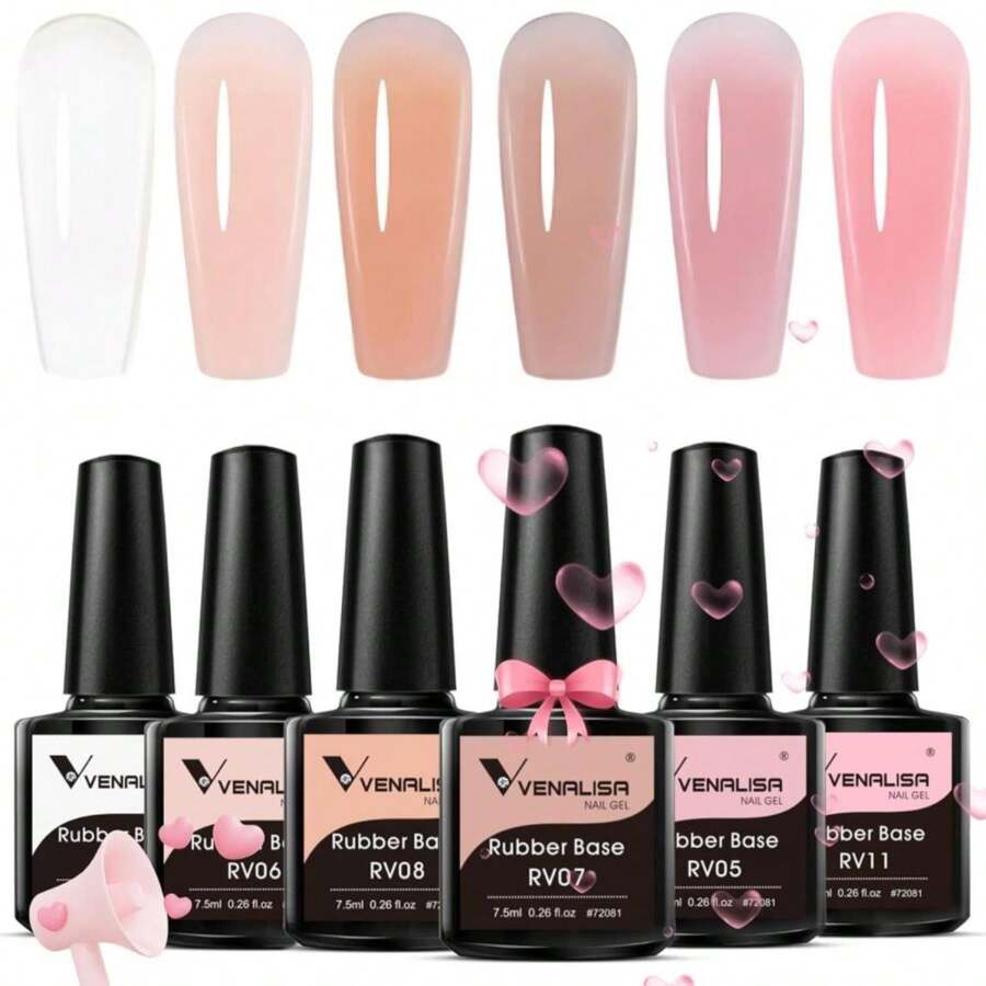 VENALISA 3 In 1 Rubber Base Gel For Nails, 6 Colors Jelly Gel Nail Polish Set Nude Pink Neutral Transparent Milky White Sheer Pink Gel Polish Strengthener Kit - 白色 - 查看 1