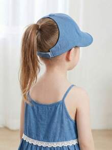 1pc Girls' Blue Embroidered Bow Baseball Cap, Ponytail Hole, Breathable UV Protection, Adjustable Children Sun Hat - 1PC - View 7