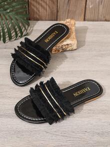 Orange Bohemian Style Tasseled Women's Flat Sandals, Beach Summer Slip-On Slippers - Black - View 7