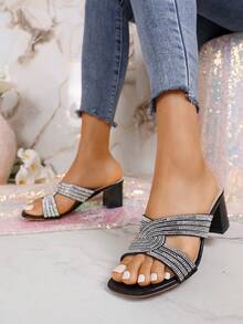 Glitter Decor Thick Sole High Heel Sandals - Girls' Chunky Heel Party Sandals - Black - View 7