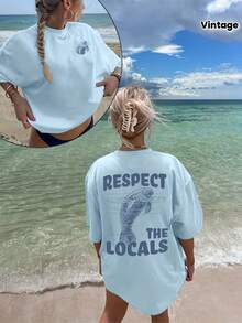 1pcs Plus Size Women's Top,Respect Local Manatee T-Shirt - Vintage 90s Marine Conservation Tee With Manatee Graphic & Lettering, Casual Beach Ocean Wildlife Shirt, Manatee Lover's Gift Suitable For Walking On The Beach! -Vintage Street Style Unisex Loose Cotton Short Sleeve Crew Neck T-Shirt - Sky Blue - 查看 1