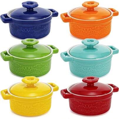 Set Of 6 Mini Cocotte With Lid, 8 Oz Ceramic Ramekins With Handles, Portable Serving Pots For Baking, Snacks And Hot Dishes, Assorted Colors For Daily Use