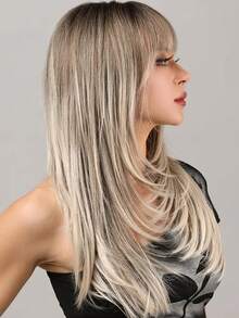 Ombre Platinum Butterfly Long Hair Synthetic Fringe Wig For Women White-Gold Layered Long Straight Hair Wig Daily Party Cosplay Wig School Homecoming Season - Brown Ombre - View 3