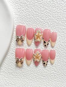 10件套粉色迷雾豹纹花卉美甲套装，包含凝胶美甲套装、白色豹纹蝴蝶结、白色花卉美甲装饰、黑色豹纹美甲装饰、白色指甲油以及美甲工具（1张果冻贴纸+1把指甲锉）。提供三种甲型：杏仁形、鸭嘴形、棺材形。适合办公、日常、摄影、派对、春夏等场合。是送给女性和女孩的绝佳礼物。 - 彩色 - 查看 16