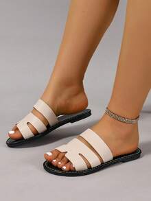 Ximi Ruo Wide Fit Rhinestone Embellished Comfortable Slippers, Korean Casual Flat Sandals For Women, Open Toe Slides For Spring, Summer, Beach, Casual Wear - Beige - View 4