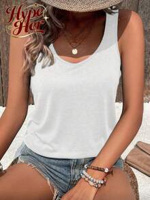 HypeHer New Summer 2026 Women's Versatile Commuter Pure Color Round-Neck Tank Undershirt Streetwear Slim Fit Camisole Tank Top, Spring/Summer, Summer Outfits For Women. - 白色 - 查看 6