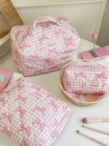 Bolsa de viaje multifuncional de gran capacidad con estampado de lazo y cuadros, bolsa de maquillaje rosa con lazo de guinga, bolsa de maquillaje rosa con lazo de guinga, organizador de cosméticos acolchado con asa, 3 tamaños para viaje y uso diario, bolsa de maquillaje rosa con lazo a cuadros, estética, bolsa de cosméticos acolchada, bolsa de aseo portátil de viaje para niñas - Rosa - Ver 1
