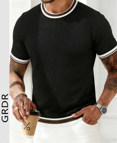  Camiseta de punto de cuello redondo de manga corta con bloques de color y rayas de GRDR para hombre - Atuendo casual de moda minimalista de verano