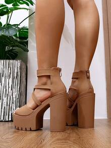 Women's High Heel Sandals, New Criss-Cross Strap High Heels, Waterproof Platform Punk Rock Roman Thick Bottom Motorcycle Open Toe Rear Zipper Sandals - Brown - View 4