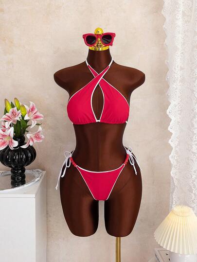 Sexy & Fashionable Young Women's Solid Color Bikini Set, Casual Cute Elegant Bohemian Summer Beach Vacation