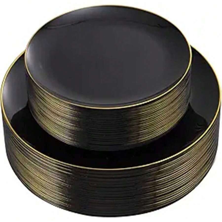 1/25/50pcs Reusable Fruit Plates, Dishes With Gold Rim, Suitable For Family Gatherings, Parties, Outdoor Activities, Team Events, Cooking, Christmas And Other Occasions - Black - View 1