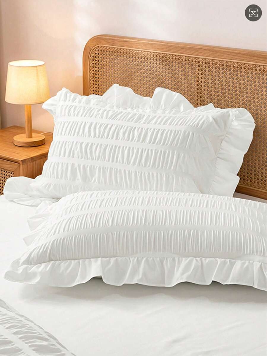 1pc French Romantic Ruffled Seersucker Pillowcase, Soft Lightweight Decorative Cushion Cover For Bedroom, Wedding Season Home Decor, No Insert - White - View 1