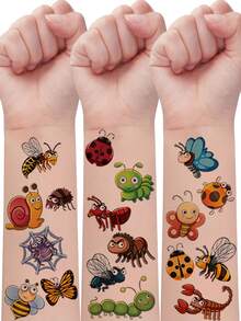 10张卡通昆虫动物临时纹身贴纸，蜜蜂、青蛙、蜻蜓、蜗牛等昆虫图案，防水，持久2-5天，趣味防水纹身贴纸，理想的生日礼物 - 彩色 - 查看 1