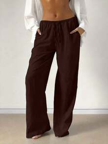 Pantalones anchos de lino sueltos, cómodos y versátiles para mujer, ideales para primavera - Marrón - Ver 3