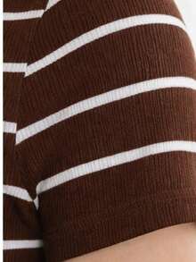 Women's Basic Ribbed Cotton Striped Blouse - Rust Brown - View 4