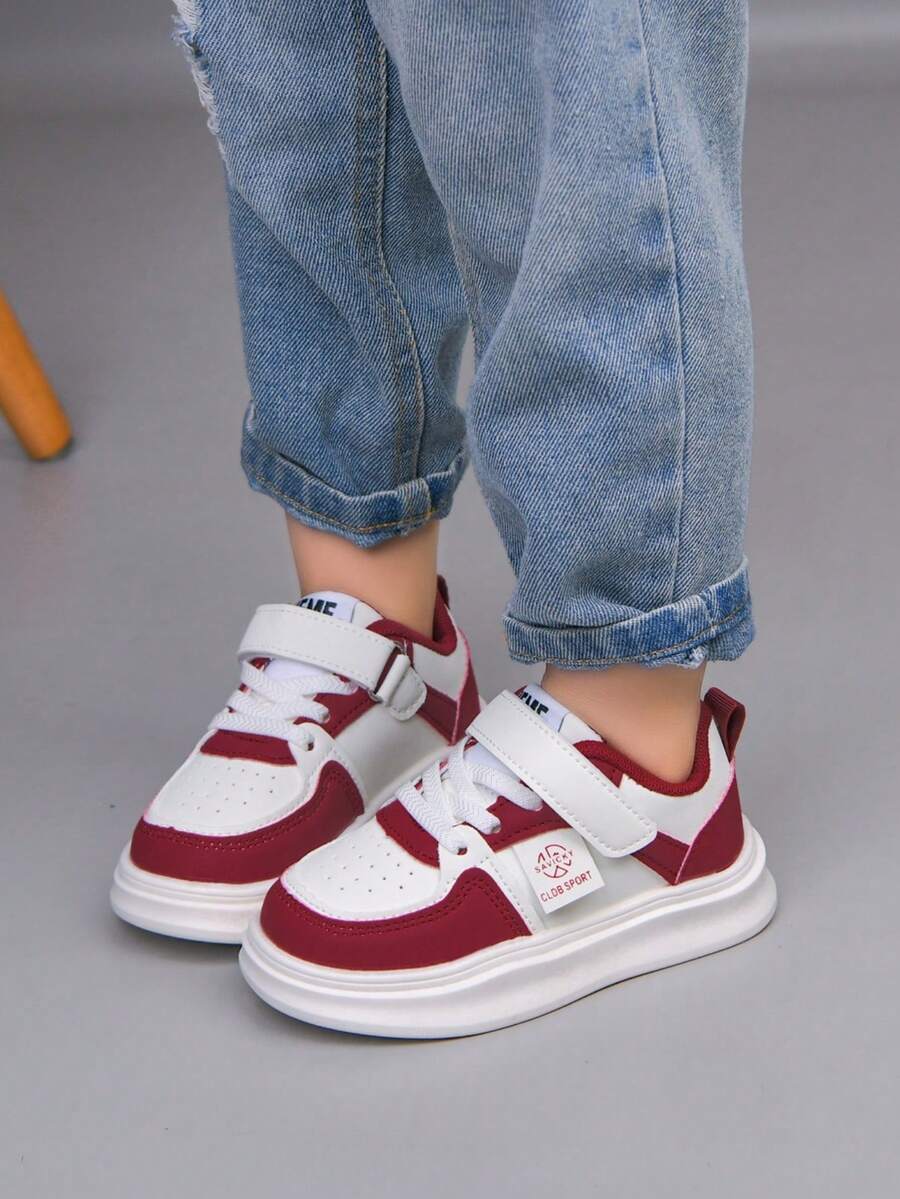 1 Pair Children's Casual Sneakers, 2026 Spring New Boys/Girls Hook And Loop Soft Bottom Breathable Flat Shoes, Suitable For School And Everyday Wear - Red - View 1