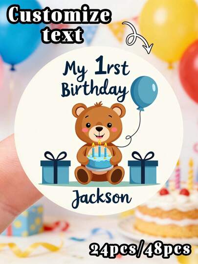 48 miếng/24 miếng dán cá nhân hóa hình gấu, bánh sinh nhật, bóng bay, hộp quà in hình Jackson, sinh nhật lần thứ nhất của tôi, chữ tùy chỉnh, trang trí tiệc, nhãn dán sinh nhật lần thứ nhất tùy chỉnh, nhãn dán đám cưới tùy chỉnh, nhãn dán sinh nhật tùy chỉnh, nhãn dán tiệc.