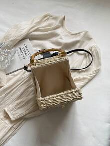 Summer Holiday Handmade Woven Bag, Straw Bamboo Handle Tote Bag For Women, Gift Box Set, Crossbody Bag, Souvenir Gift - Beige - View 10