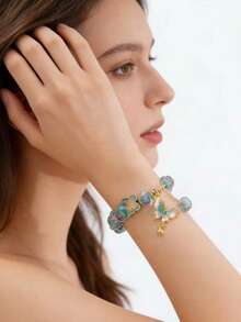 1pc Princess Style Elegant Rose Blue & Pink Alloy Enamel Bracelet With Butterfly Pendant, Suitable For Women's Daily Wear - Baby Blue - View 8