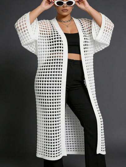 Plus Size Women Casual Open Front Long Cover Up, Hollow-Out Details, Half Sleeve Drop Shoulder Design, Beach Cover-Up Sheer For Vacation