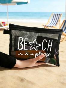 Multi-Color Fashion Mesh Beach Bag, Makeup Bag Printed With "Beach" Text, Beach Theme. Large Capacity Transparent Makeup Bag, Nylon Zipper Cosmetic Bag, Lightweight, Can Store Sunscreen, Snacks, Bikini And Beach Essentials. Spring/Summer Storage, Durable, Suitable For Swimming, Beach, Diving And Summer Vacation, Back To School, Lightweight Sun Protection Storage Bag, Suitable For Friends, Mother's Day, Back To School Season - Multicolor - View 10
