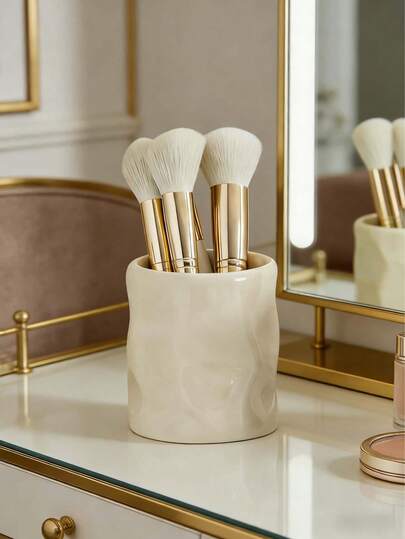 1pc Asymmetric Resin Makeup Brush Holder, Uneven Surface Embossed, Multifunctional Desktop Decor, Mini Vase And Storage Box, Suitable For Living Room, Bedroom And Office (White And Purple)