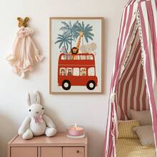 1幅帆布墙画，动物巴士主题儿童房墙画，野生动物园主题儿童房装饰，丛林主题儿童房装饰，红色伦敦巴士艺术印刷品，游戏室海报，婴儿房墙画，婴儿房装饰海报，幼儿园装饰 - 彩色 - 查看 4