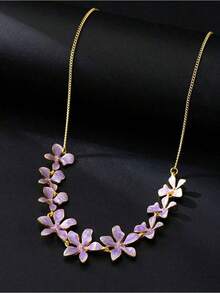"1pc 18K Gold Plated Y2K Enamel Flower Statement Necklace – Retro Pink Choker Style Jewelry For Women, Bold And  Look For Parties, Valentine's Day, Mother's Day, Or Fashion Gifts For Mom And Her" - Màu tím - Xem 3