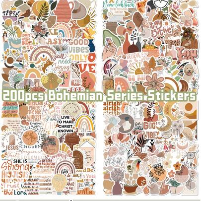 Bộ 200 miếng dán graffiti hoạt hình phong cách Bohemian, thích hợp để trang trí laptop, ván trượt, điện thoại, hành lý, đàn guitar và mũ bảo hiểm. Dễ dán, màu sắc sống động, thích hợp cho bề mặt kính và nhựa, tuyệt vời cho mùa đông và các lễ hội năm mới.