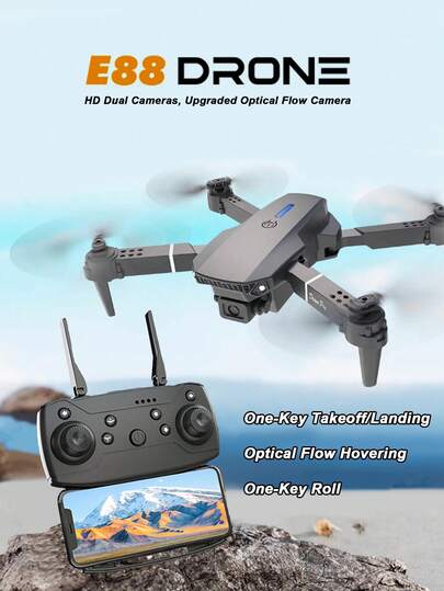 E88高清航拍无人机，配备高清双摄像头，一键起飞/降落/翻转。包含无人机便携箱和备用零件包，可折叠，方便收纳。
