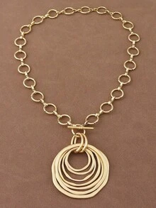 1pc Fashionable Matte Gold/Silver Asymmetric Hollow Square Pendant Chunky Chain Necklace, Suitable For Women's Daily Wear, 18 Inches + 2 Inches Extension Chain - 多層環 - 查看 6