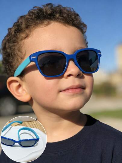 1副儿童（3-8岁）偏光太阳镜，撞色装饰，柔韧硅胶镜框，偏光镜片，经典方形款式，适合户外运动和上学通勤，附眼镜盒
