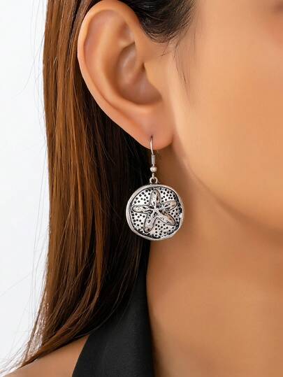 1 Pair Antique Silver Color Sand Dollar Dangle Earring For Women - Vintage Starfish Earrings - Summer Vacation Beach Jewelry