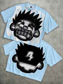 Manfinity Roghcode Men's Oversized Distressed Funny Diamond Teeth Tattoo Big Face Allover Print Cropped Loose T-Shirt (High Quality) - Baby Blue - View 12
