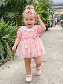 Baby Girl Summer Outfits Decorative Flower Bow Mesh Crew Neck Short Sleeve Romper Dress And Bow Headband 2 Pcs Set - 粉色 - 查看 2