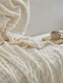 1件奶油色泡泡绒卷边柔软舒适毯，适合卧室和客房使用 - 白色 - 查看 5