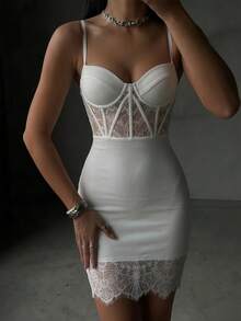 Sexy & Elegant V-Neck White Lace Sheer Bandage Mini Dress, Suitable For Outings, Weddings, Galas, Cocktail Parties And Other Occasions, Women's Dress Party - White - View 3