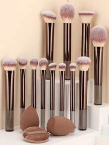 32 piezas Juego de brochas de maquillaje, que incluye brocha para base, brocha para rubor, brocha para iluminador, brocha para sombras de ojos, brocha para rímel, brocha para delineador, esponja angular, esponja redonda, borla de polvo redonda, borla de polvo triangular, esponja triangular, herramienta de mezcla para base líquida, juego de herramientas de maquillaje, juego de brochas de maquillaje, set de cosmética, kit de maquillaje completo - Multicolor - Ver 3