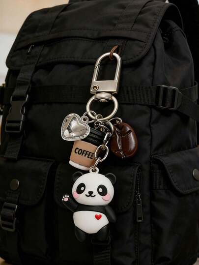 1pc Coffee & Panda Keychain Bag Pendant, Cute & Quirky Accessory For Bags & Keys! Featuring Style Panda, A Miniature Coffee Cup, A Coffee Bean, And A Shiny Heart Charm, Mini Resin Bag Charm, Women's Fashion Accessory, Family Keychain, Bag Decoration, Headphone Pendant, Mobile Phone Case Pendant, Car Keychain, Bag Charm,Birthday Gift, Holiday Gift