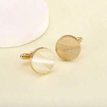 1 Pair 2pcs Gold Tone Round Zinc Alloy Men's Shirt Cufflinks, Striped Formal Cuff Links Suitable For All Seasons, Gift For Men, Friends School Elegant Casual Business Wedding Season Gift For Groom & Groomsmen - 金色 - 查看 6