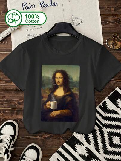 חולצת טריקו קצרה לנשים, 100% כותנה, עם הדפס דיוקן בסגנון מצויר. מתאימה ללבוש חוץ, בגדי קיץ, עם הדפסים נשיים.