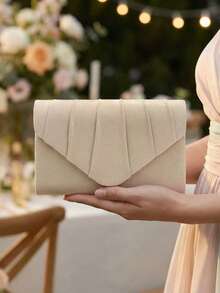 优雅女士婚礼手拿包，奢华褶皱方形手提包，适合正式场合 - 性感纯色涤纶信封式手拿包，配有可拆卸链条肩带、纽扣开合和涤纶衬里 - 适合派对、酒吧、夜总会、婚礼、舞会、宴会等场合 - 杏色 - 查看 2
