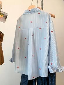 Camisa casual de rayas con estampado de corazón para mujer, primavera - Corazón Azul - Ver 3