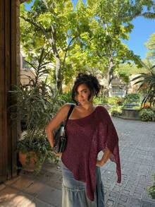 Vivid Style Women's Asymmetrical, Hollow, Casual Versatile, Vacation Beach, Party Fashion, Cape Shawl, Sun Protection, Loose Lazy, Refreshing Outerwear, Knit Cover Up, Outdoor Date Summer Outfit, Beach Party - Burgundy - View 6