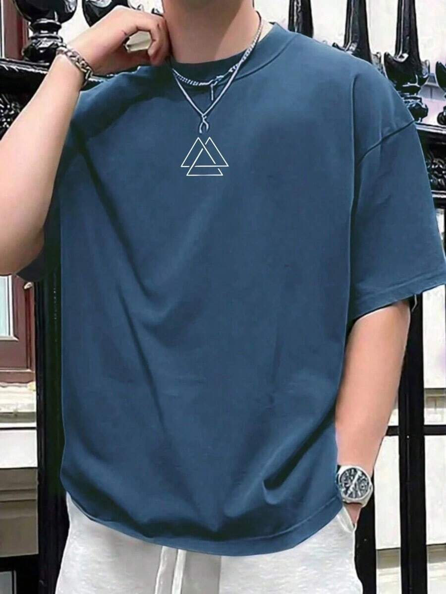 Men's Triangle White T-Shirt, Premium 100% Cotton - Navy Blue - View 1
