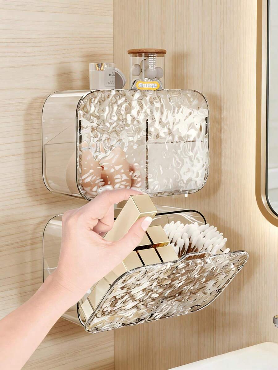 Wall-Mounted Transparent Plastic Cosmetic Storage Box, Multi-Layer Design, Lightweight And Portable, Suitable For Bathroom Storage, Can Hold Toiletries, Cotton Swabs And Cosmetics, No Electricity Required, Space-Saving, Bathroom Accessories, Home Goods, Cosmetic Storage, Home Cleaning, Bathroom Decor - Multicolor - View 1